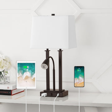 Blaire 23.75" 2-Light Modern Farmhouse Metal LED Table Lamp with USB Charging port - JONATHAN Y